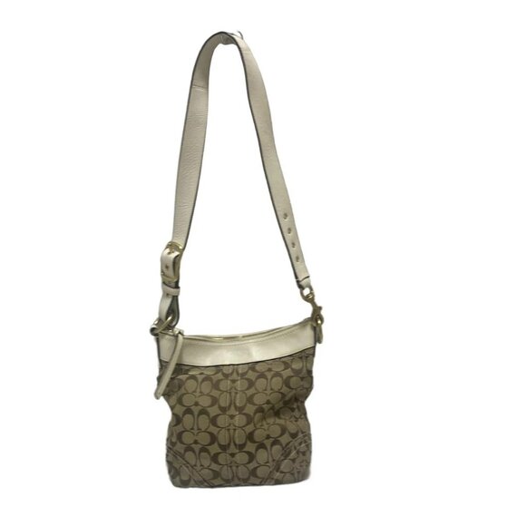 Auth COACH Signature Medium Duffel 10403 Khaki White Jacquard Leather - Picture 1 of 9